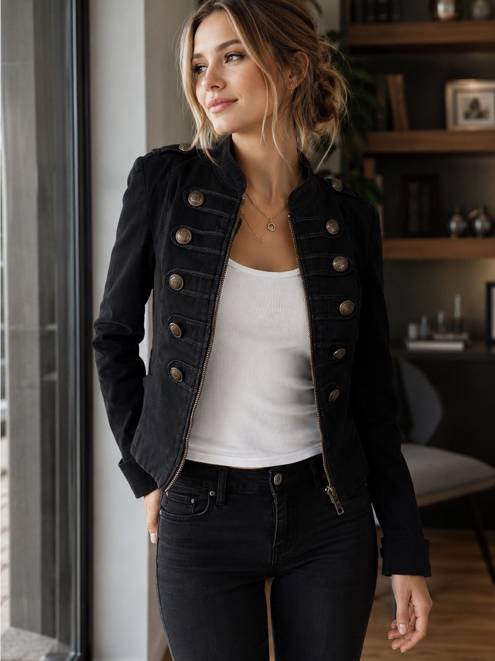 H&M Divided Black Military Jacket XS US 2 Gold Button Zip Cotton Stretch